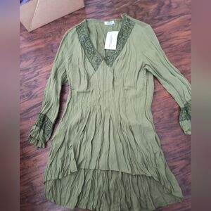 Olive Green Long Sleeve Blouse with Embroidered Trim